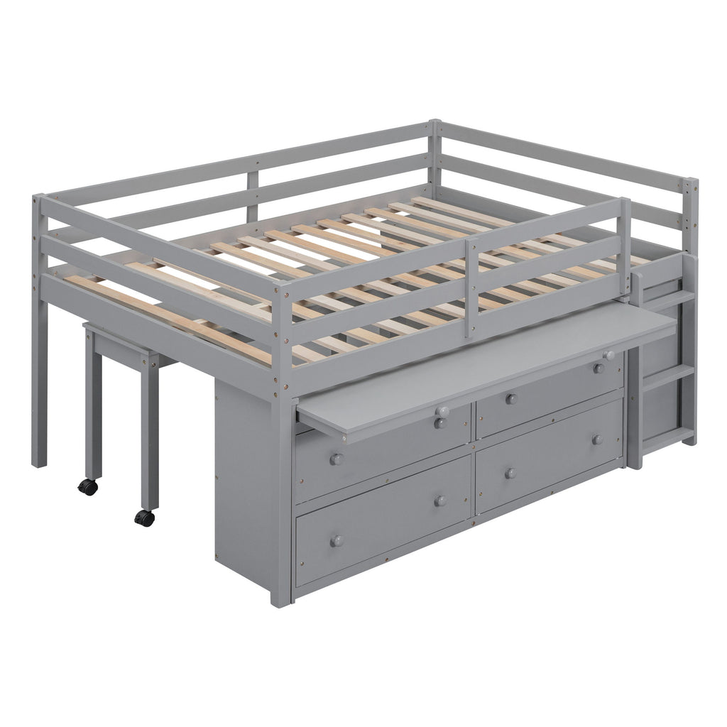 Loft Bed With Retractable Writing Desk And 4 Drawers, With Lateral Portable Desk And Shelves