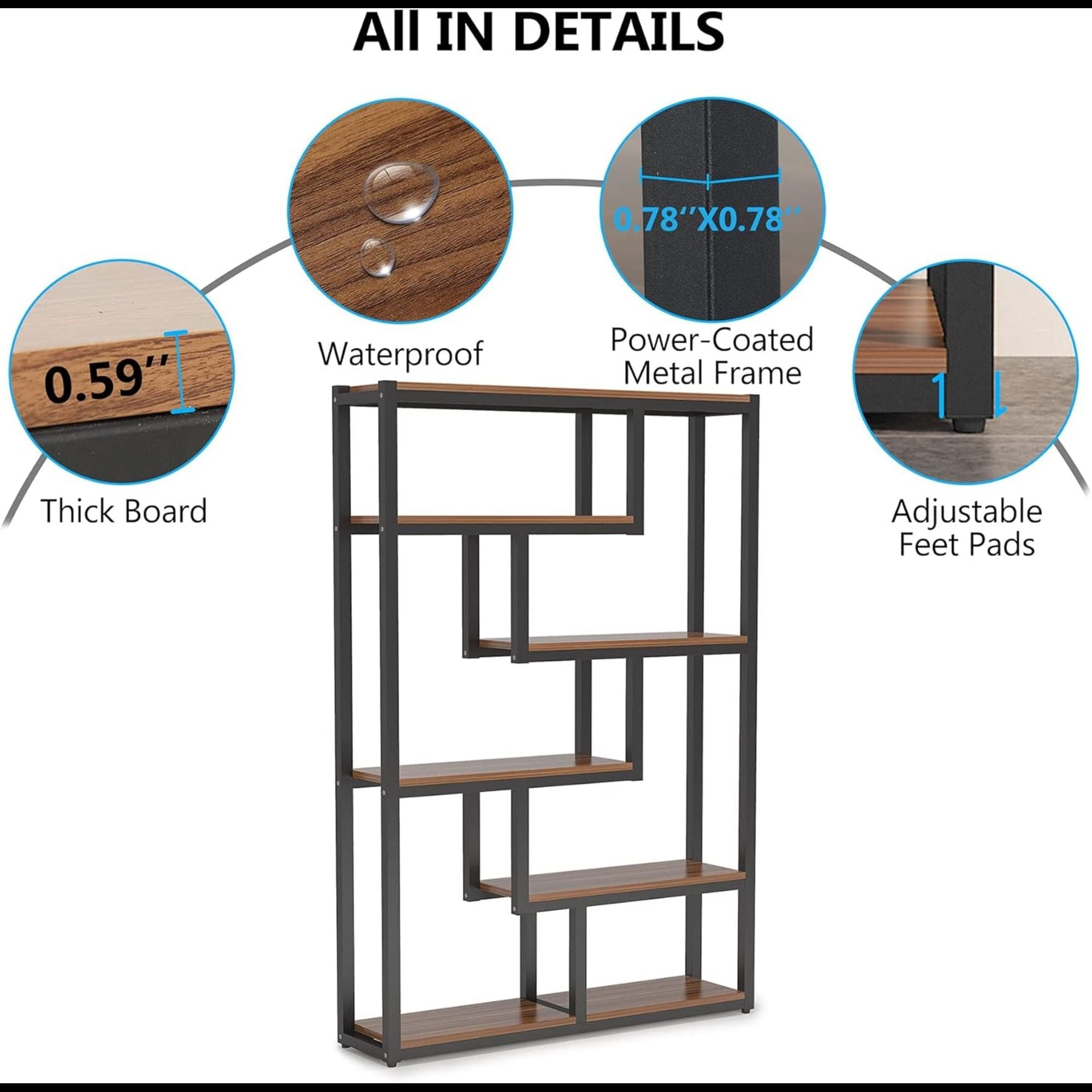 6 Tier Etagere Bookcase With Asymmetrical Shelves For Living Room