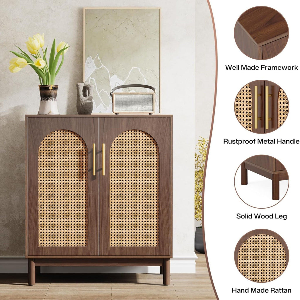 Sideboard Buffet Cabinet With Handwoven Rattan Doors (Set of 2) - Dark Brown