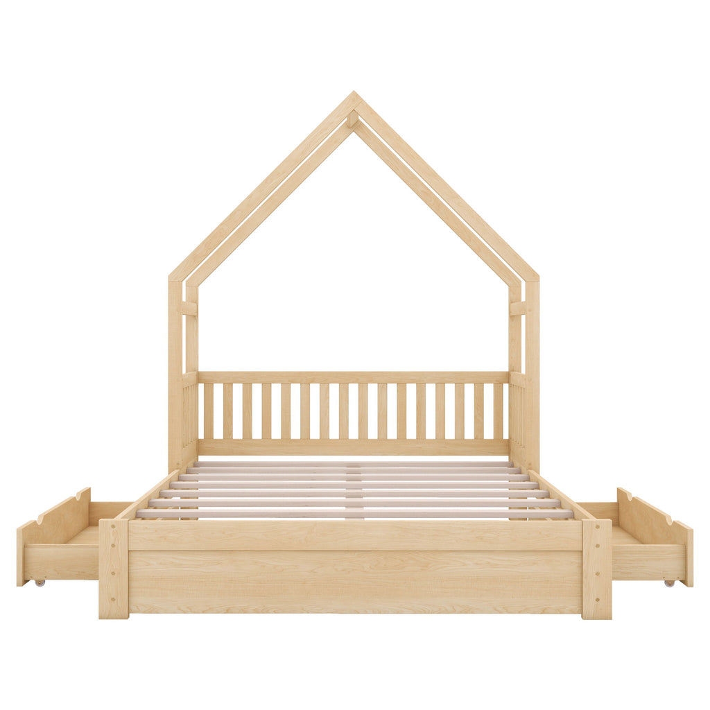 House Style Platform Bed With Guardrail And 2 Drawers