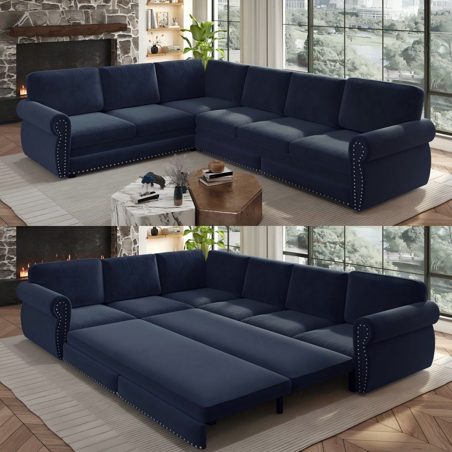 L-Shaped Sofa Couch With Pull Out Bed With Nailhead Trim & Rolled Arm