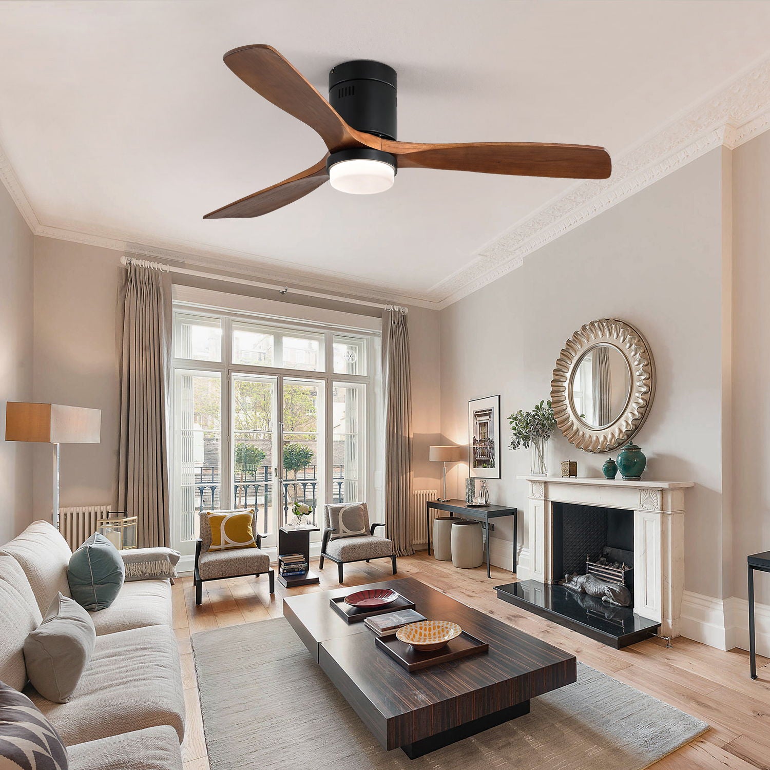 Indoor Ceiling Fan With Lights, Reversible DC Motor, Remote Control - Black