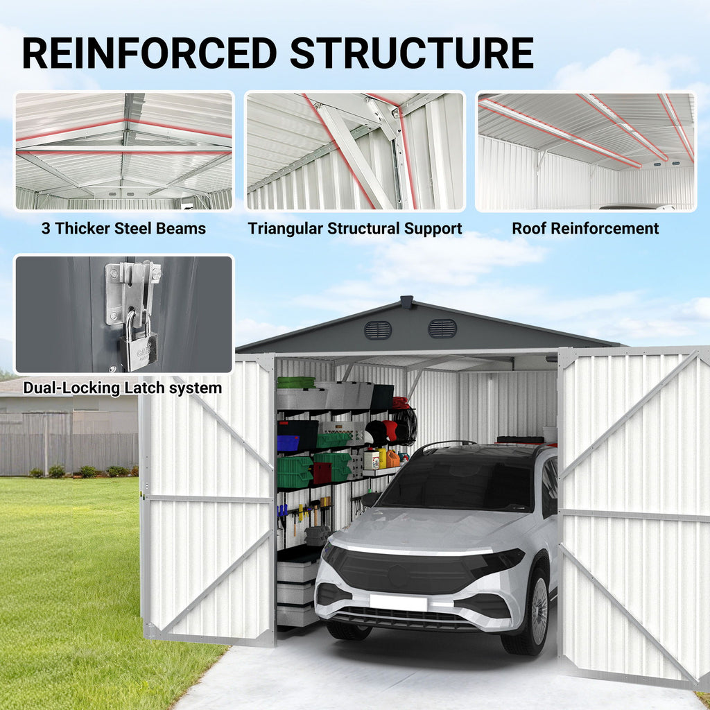Outdoor Storage Shed, Metal Garden Shed Backyard Utility Tool House Building With 2 Doors And 4 Vents For Car, Truck, Bike, Garbage Can, Tool, Lawnmower