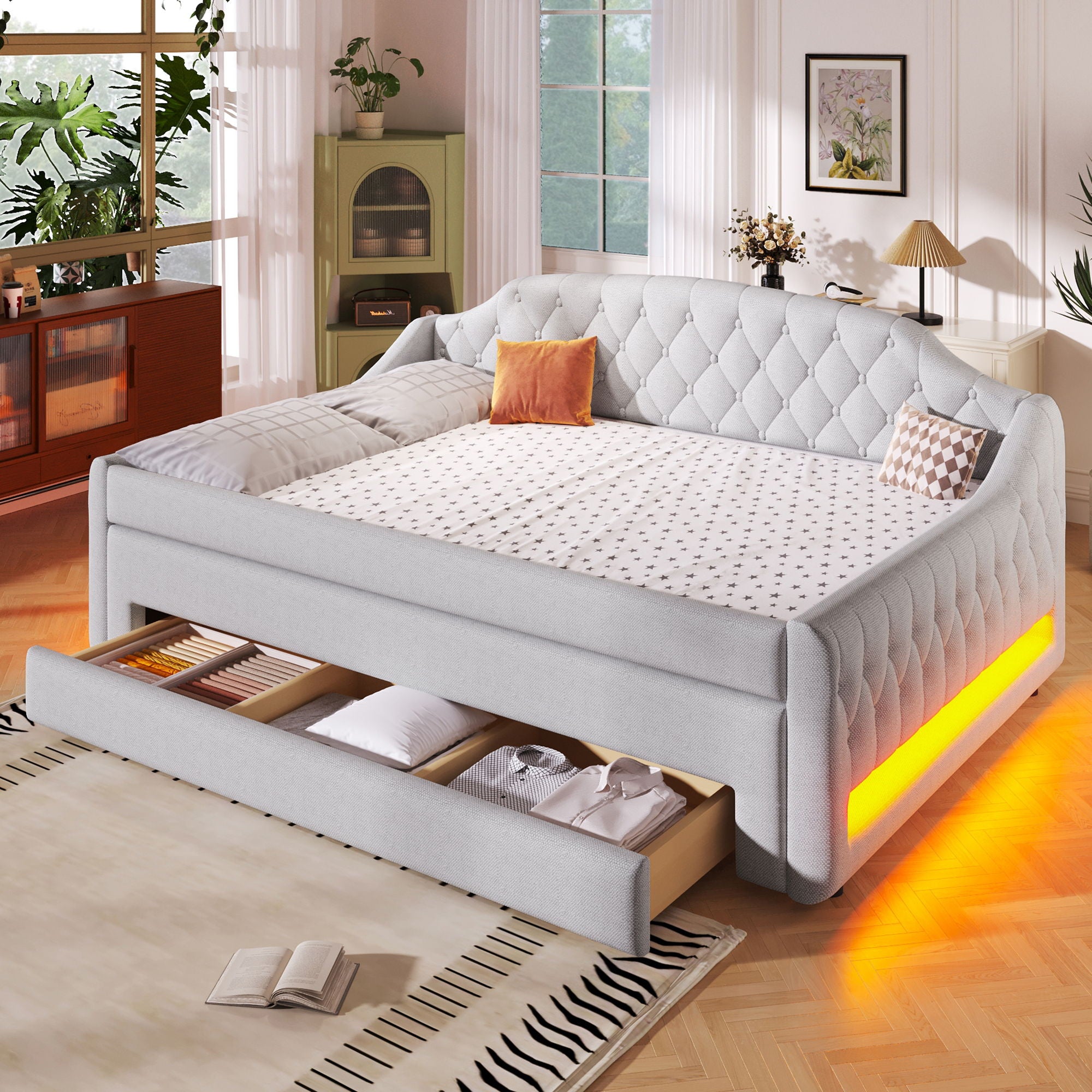 Upholstered Daybed With LED Belt, Trundle And 3 Drawers