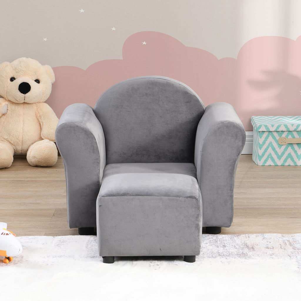 Kids Velvet Upholstered Chair With Ottoman For Comfortable Seating - Gray