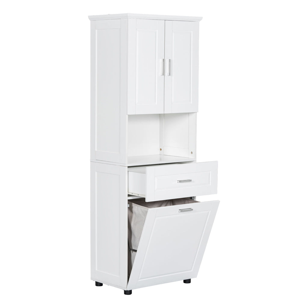 Tall Bathroom Cabinet With Tilt-Out Laundry Basket And Upper Storage