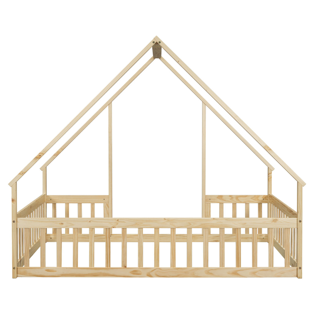 Wood House-Shaped Floor Bed With Fence, Guardrails