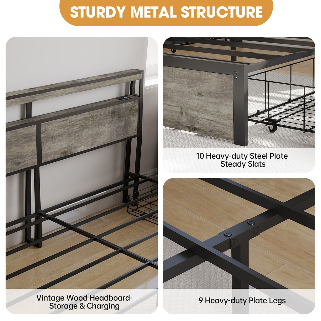 Bed Frame With Headboard, LED Lights & Charging Station