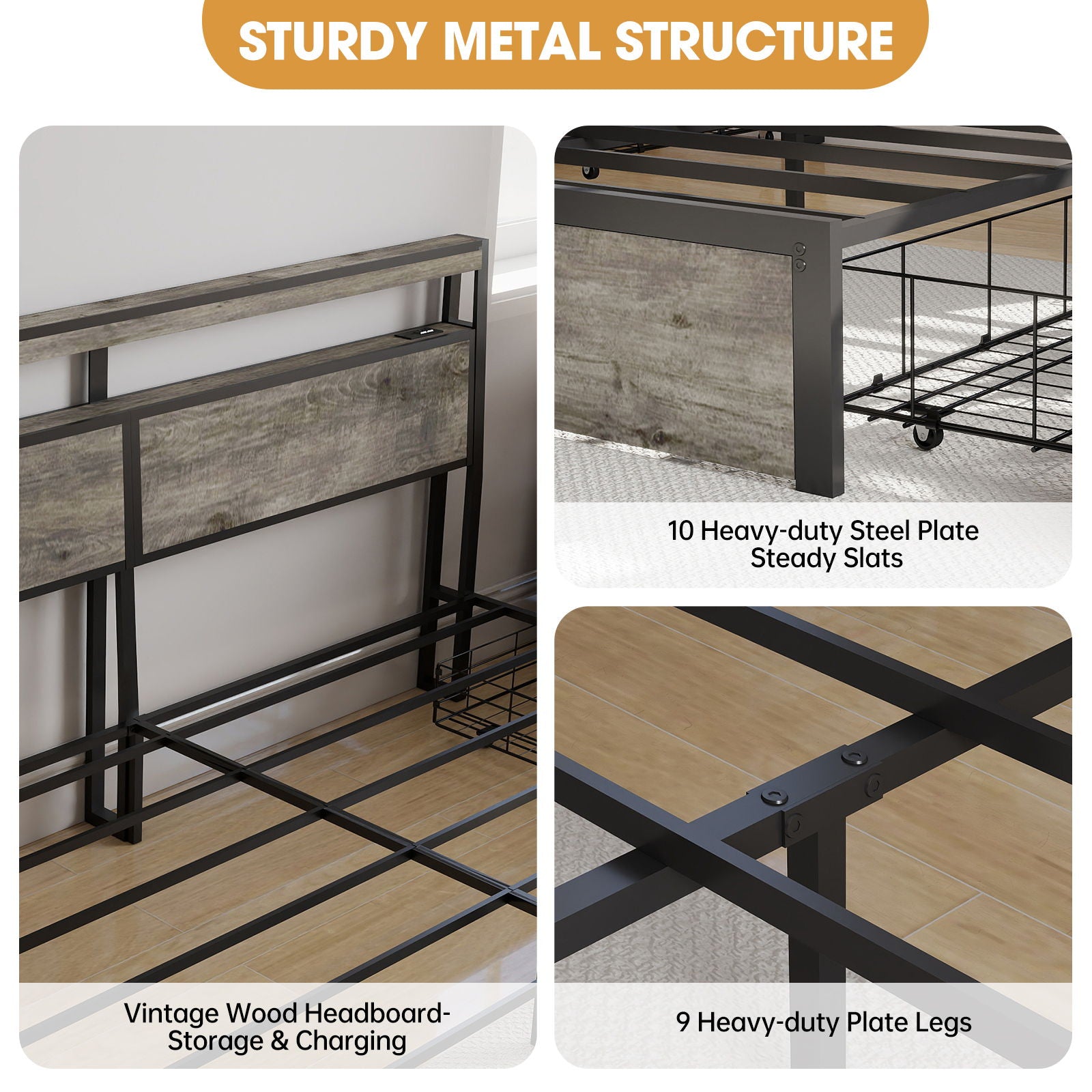 Bed Frame With Headboard, LED Lights & Charging Station