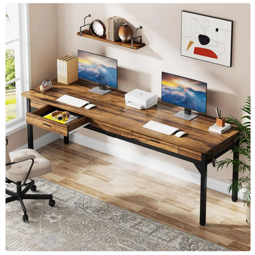 Double Office Desk For 2 With Frame, Long Workstation With 2 Drawers And Hooks - Brown / Black