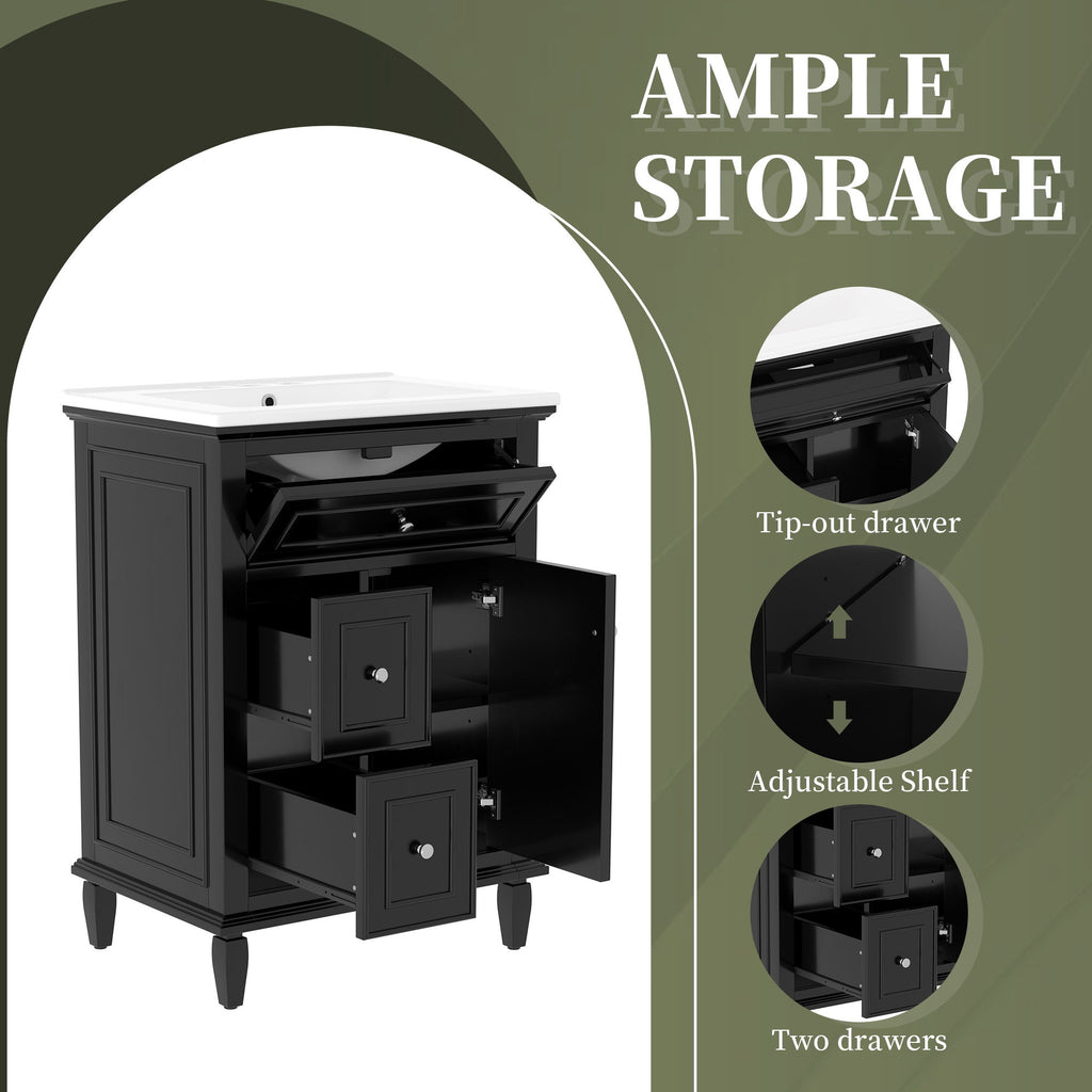 24" Bathroom Vanity With Sink, Cabinet, Adjustable Shelf, Flip Drawer & 2 Drawers - Black