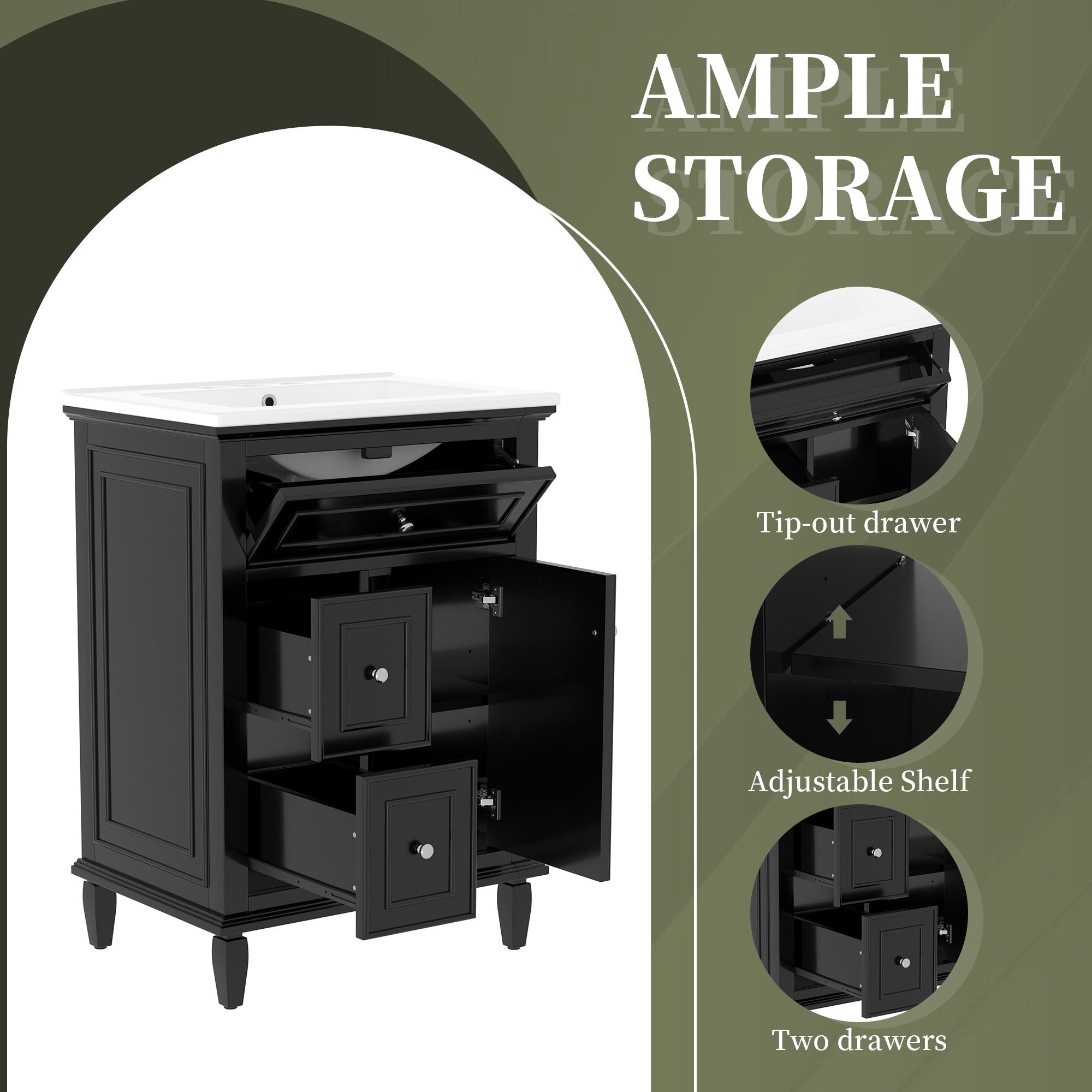24" Bathroom Vanity With Sink, Cabinet, Adjustable Shelf, Flip Drawer & 2 Drawers - Black