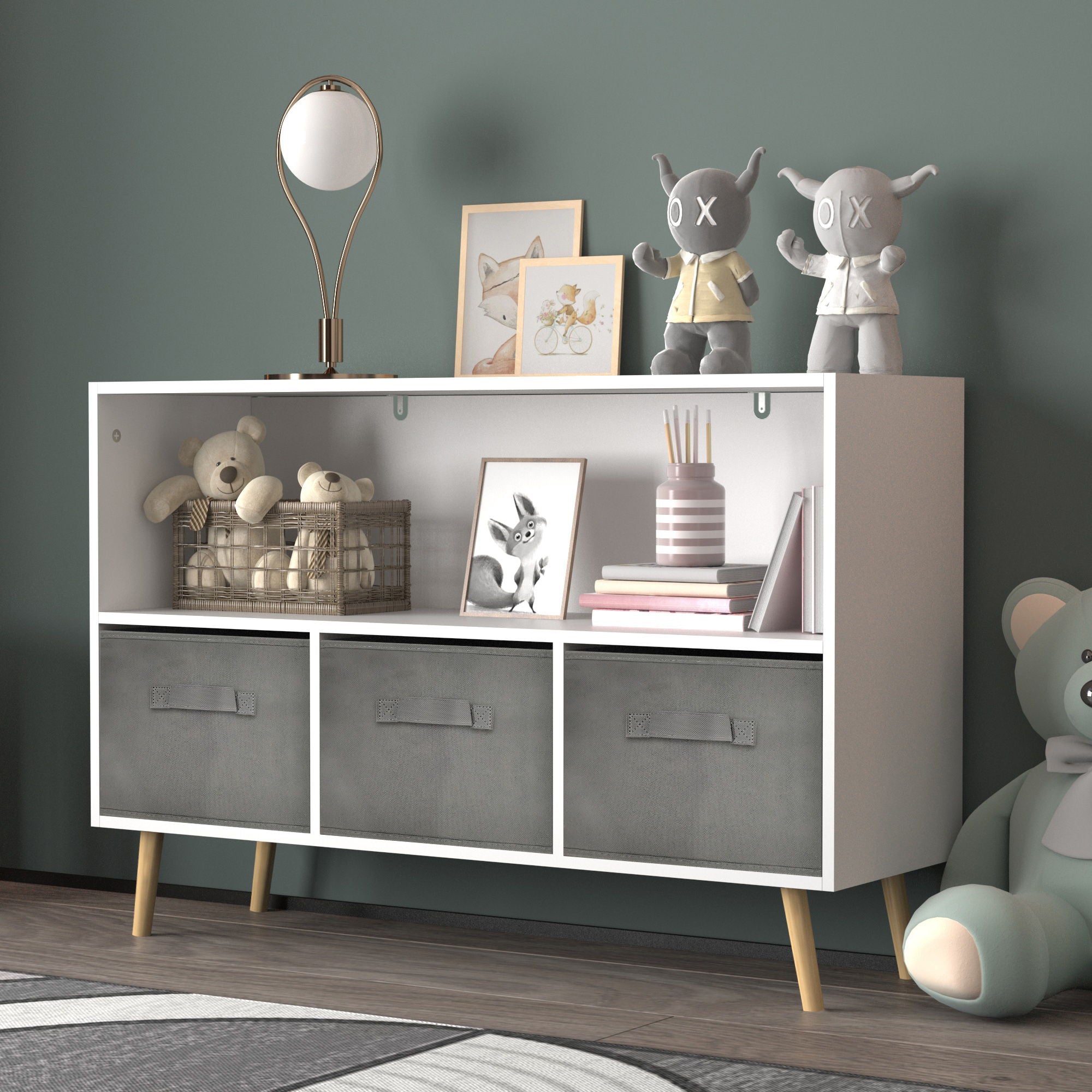 Bookcase With Collapsible Drawers, Book Display Organizer