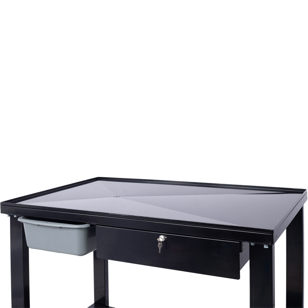 Transmission Teardown Work Station 1 / 2 Ton Capacity Sloping Drain Table Locking Drawer Removable Drain Basin Full-Width Lower Shelf Four 4" Caster Wheels