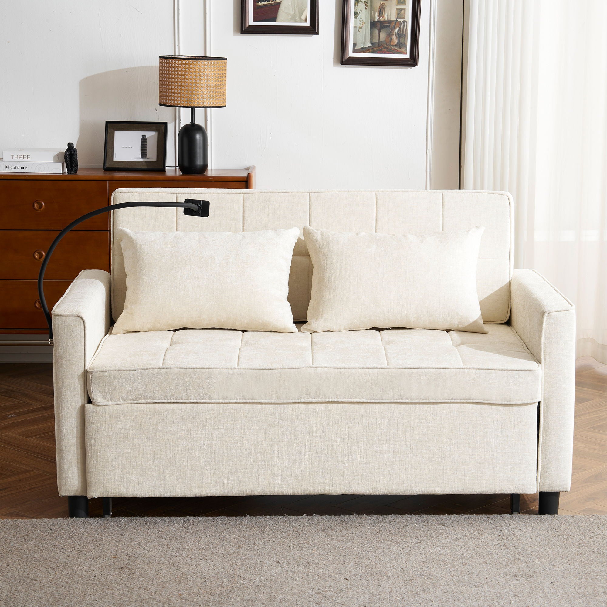 Pull-Out Sleeper Sofa With Reversible Backrest Cushion, Side Pockets, 2 USB Ports And A Phone Holder For Living Room
