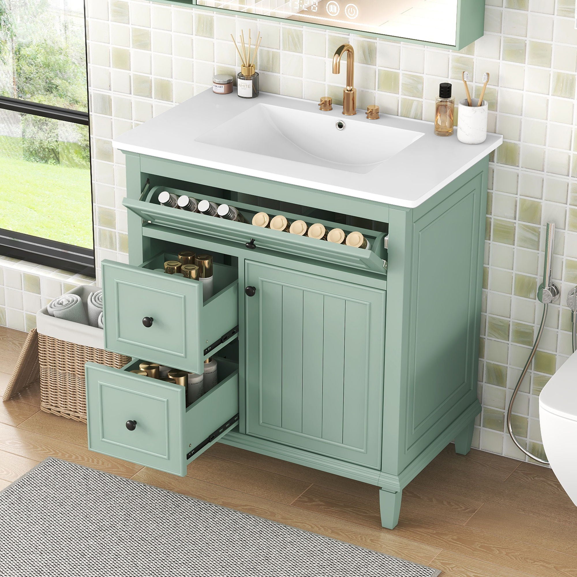 Modern Bathroom Vanity With Sink, Adjustable Shelf, Flip Drawer & 2 Drawers