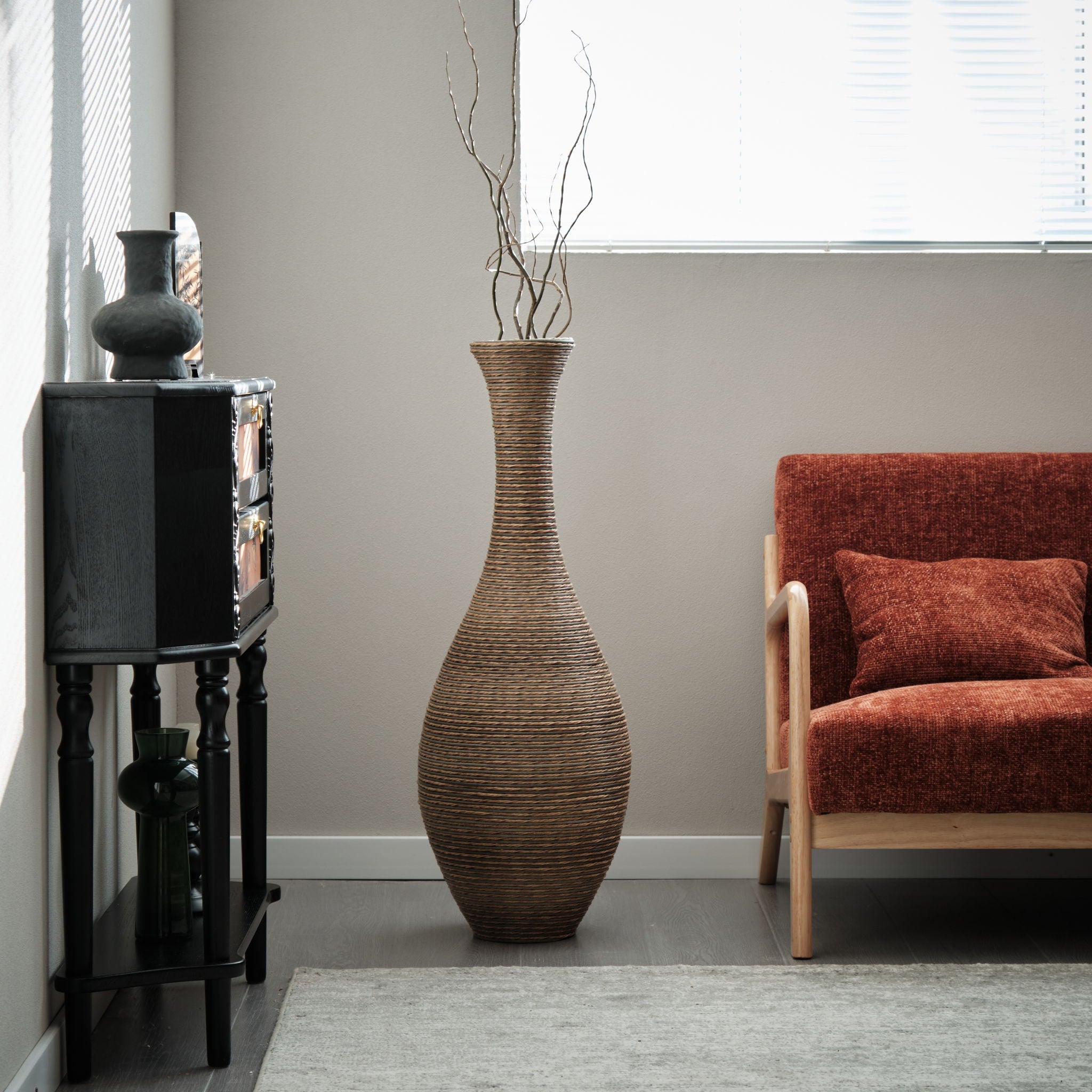Tall Artificial Rattan Floor Vase In Elegant Statement Piece For Living Room Decor, Entryway, Or Hallway Versatile Home Accent For Dried Or Silk Floral Arrangements - Beige / Gray