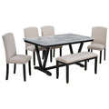 6 Piece Dining Table Modern Style With 4 Chairs & 1 Bench, Table With Marbled Veneers Tabletop And V-Shaped Table Legs - White