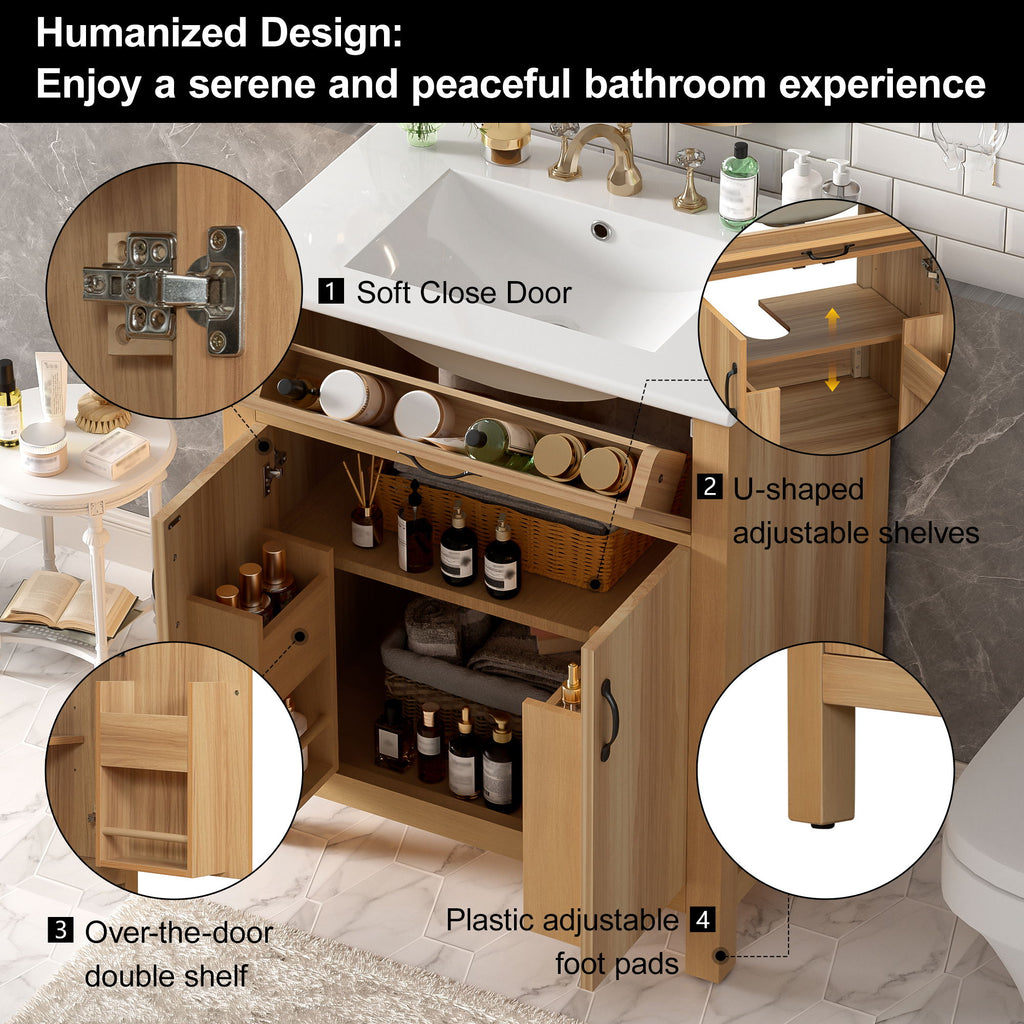 Bathroom Vanity With Flip Drawer, 2 Soft Close Doors, Adjustable Shelf And Ceramic Sink