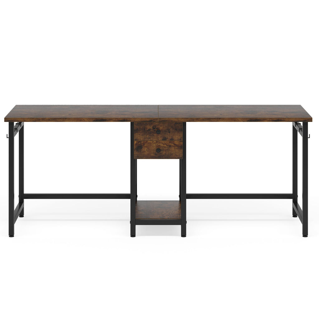 2 Person Computer Desk With Drawers And Shelves, Extra Long Double Workstation