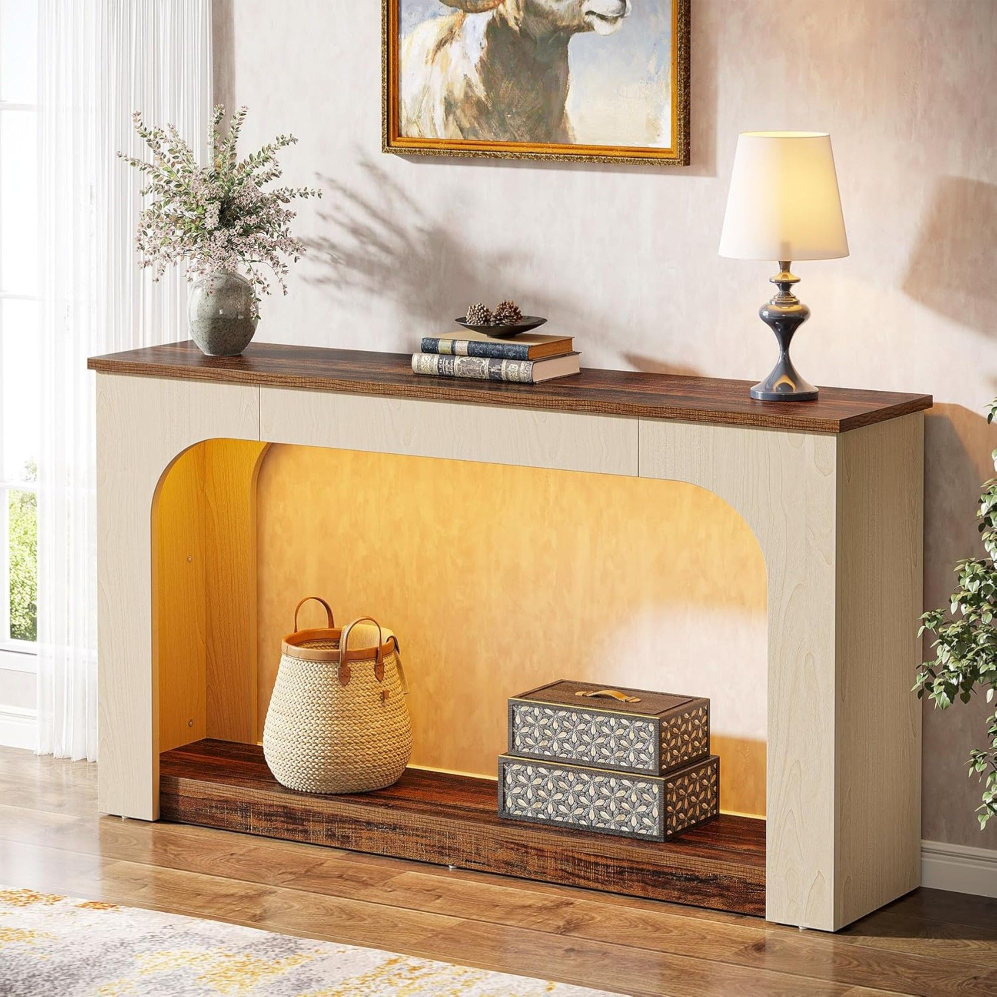 2 Tier Narrow Console Table With LED Lights For Entryway - Brown