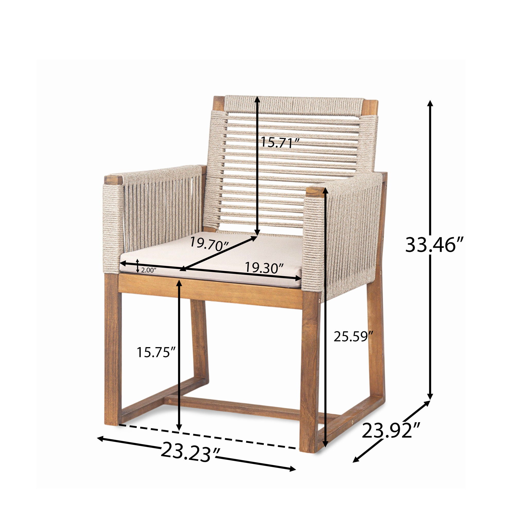 Acacia Wood Outdoor Dining Chairs (Set of 2) With Rope Design Back And Arms, Washable Cushion - Light Brown