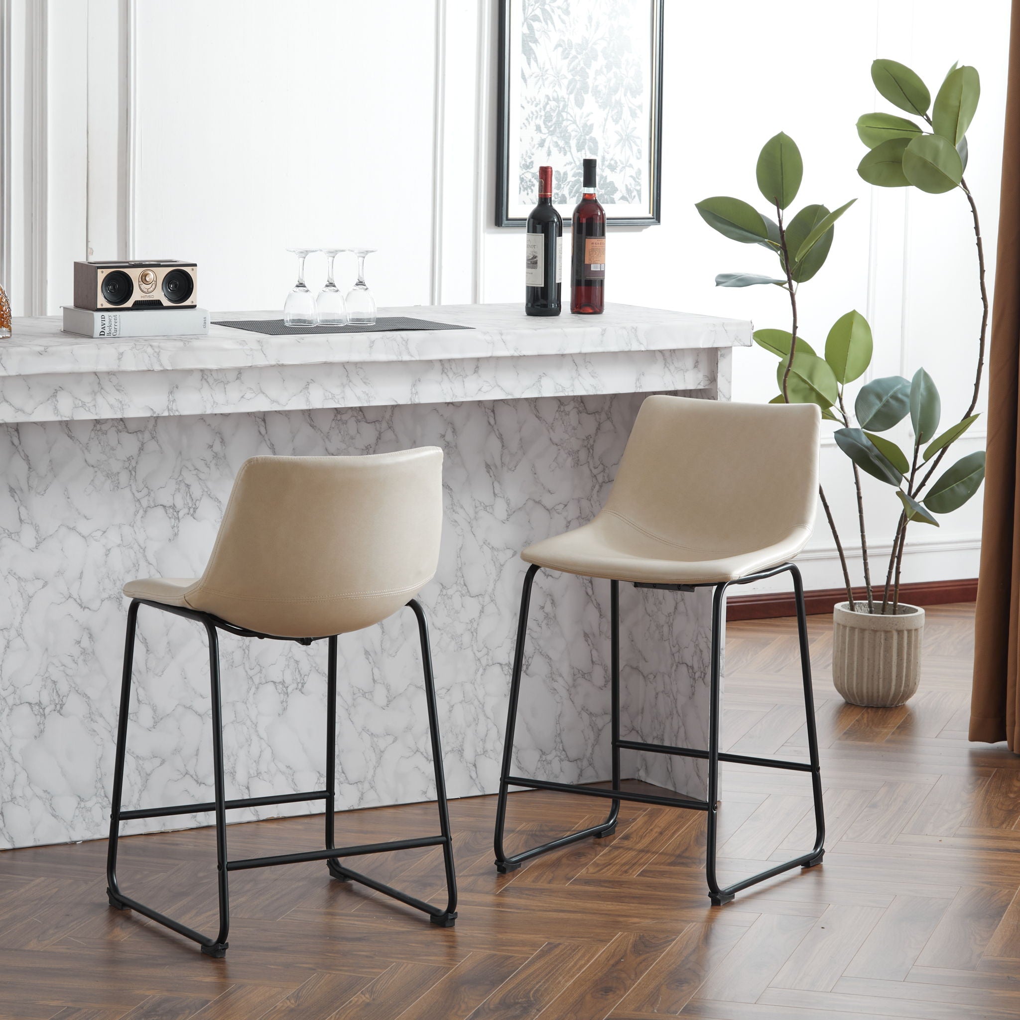 Vintage Style Armless Industrial Counter Stool With Metal Legs And Footrest For Kitchen Island, Cafe, Pub, Bar Counter (Set of 2) - Cream / Black