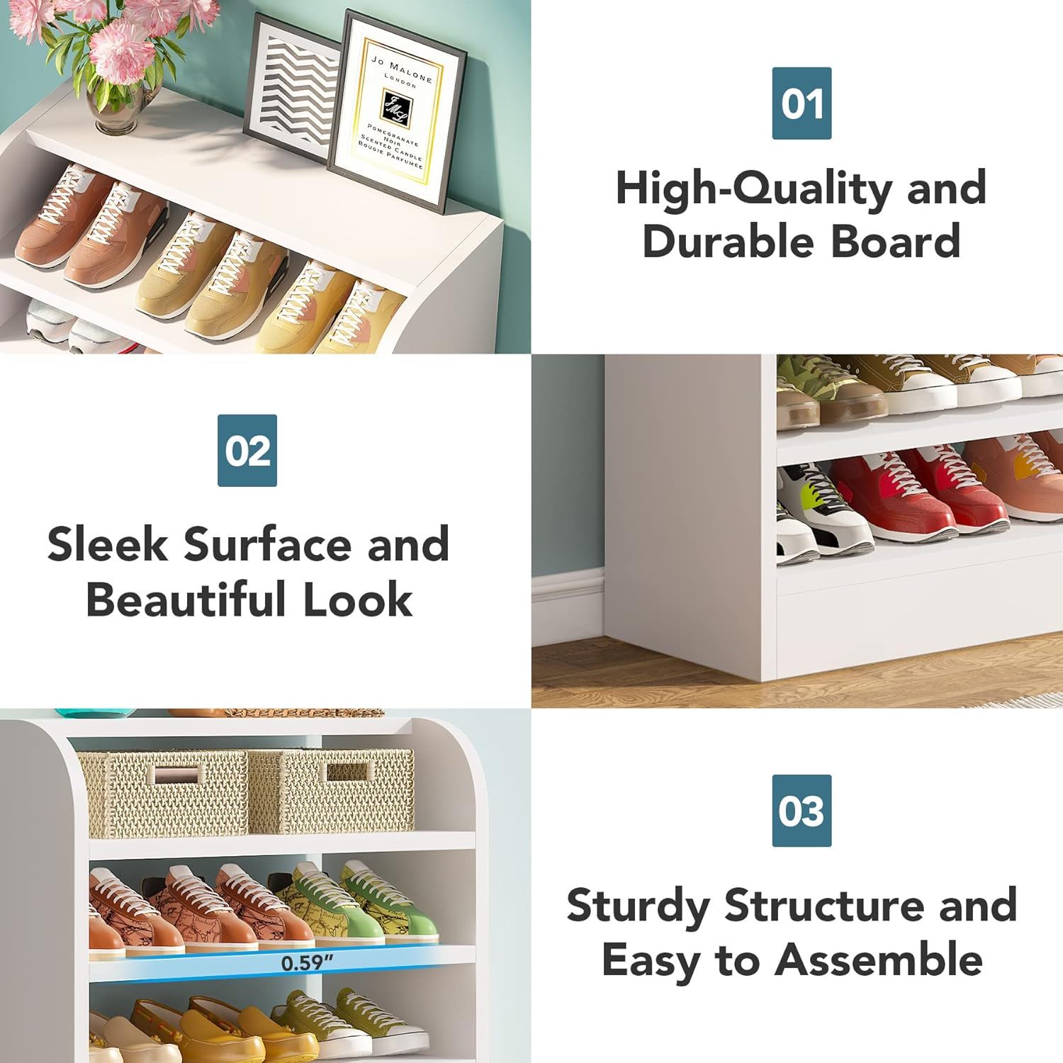 8 Tier Tall Shoe Rack, Wooden Shoe Storage Cabinet, Entryway Organizer - White