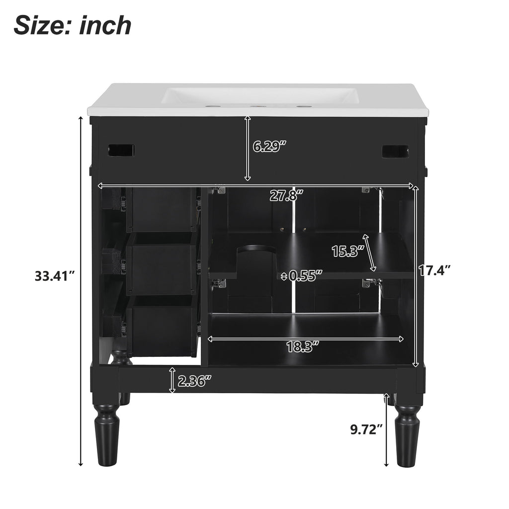 Bathroom Vanity With Ceramic Sink, 2 Doors 3 Drawers, Soft Close Design