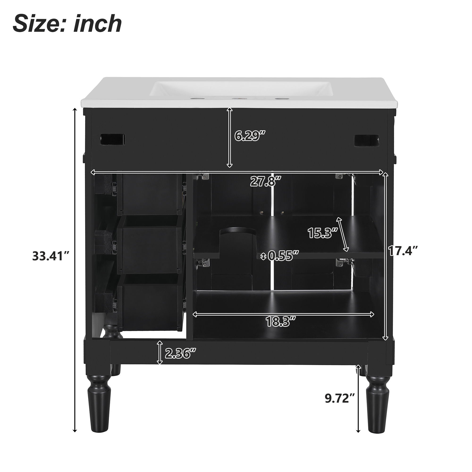 Bathroom Vanity With Ceramic Sink, 2 Doors 3 Drawers, Soft Close Design