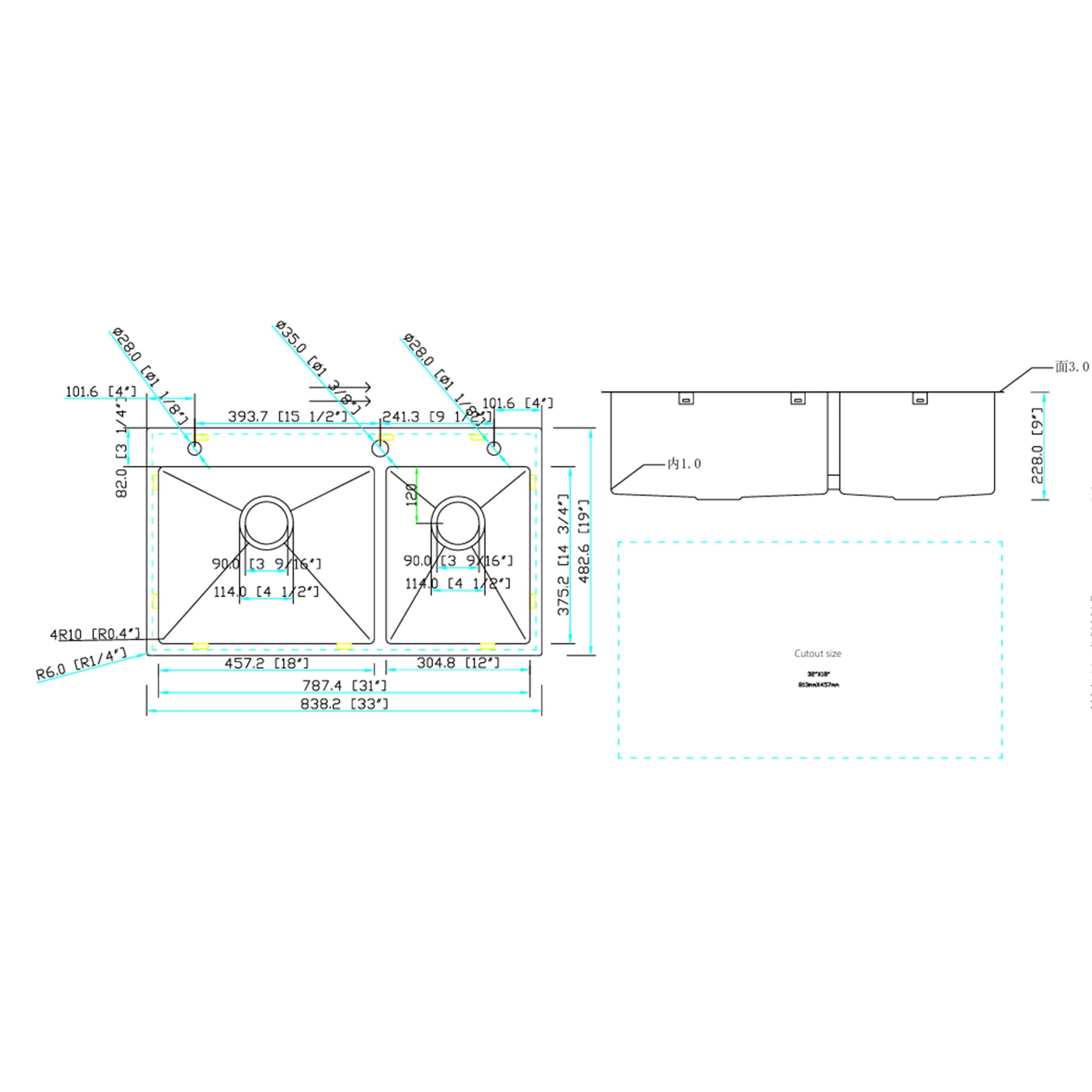 Double Bowl, Drop-In Sink With 2 Basins