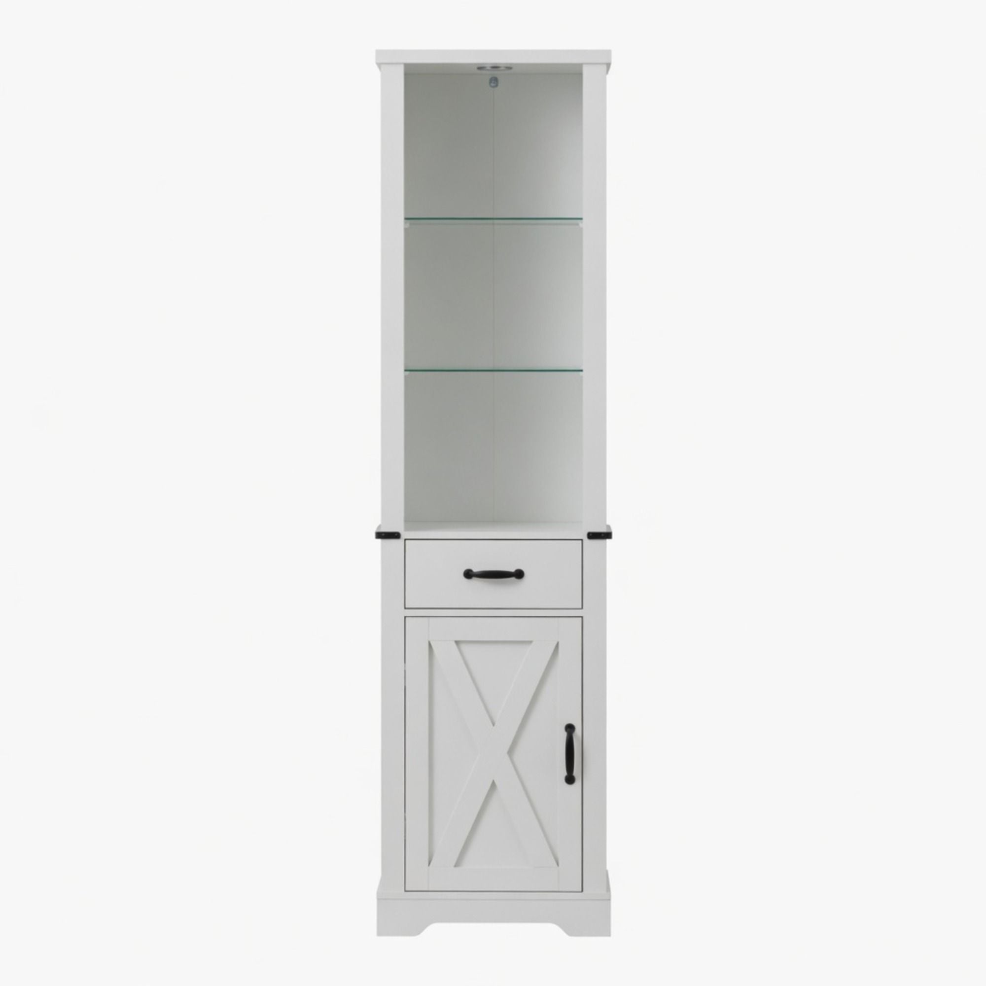 Pantry Cabinet With LED Lights And Barn Door With Tempered Glass Shelves - White