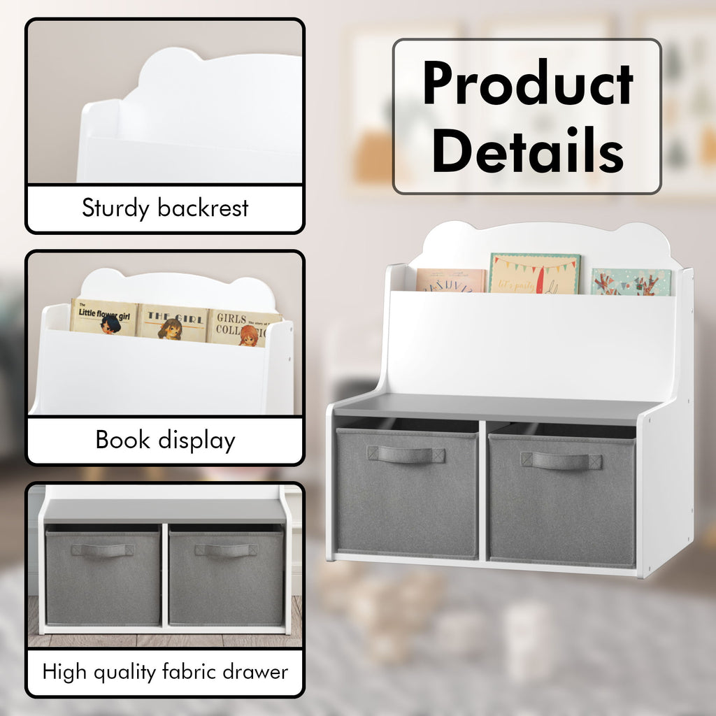 Bookshelf With Storage Bins, Bookcase With Book Display Shelf And 2 Bins, Cute Bear Shaped Backboard, Toy Organizer - White