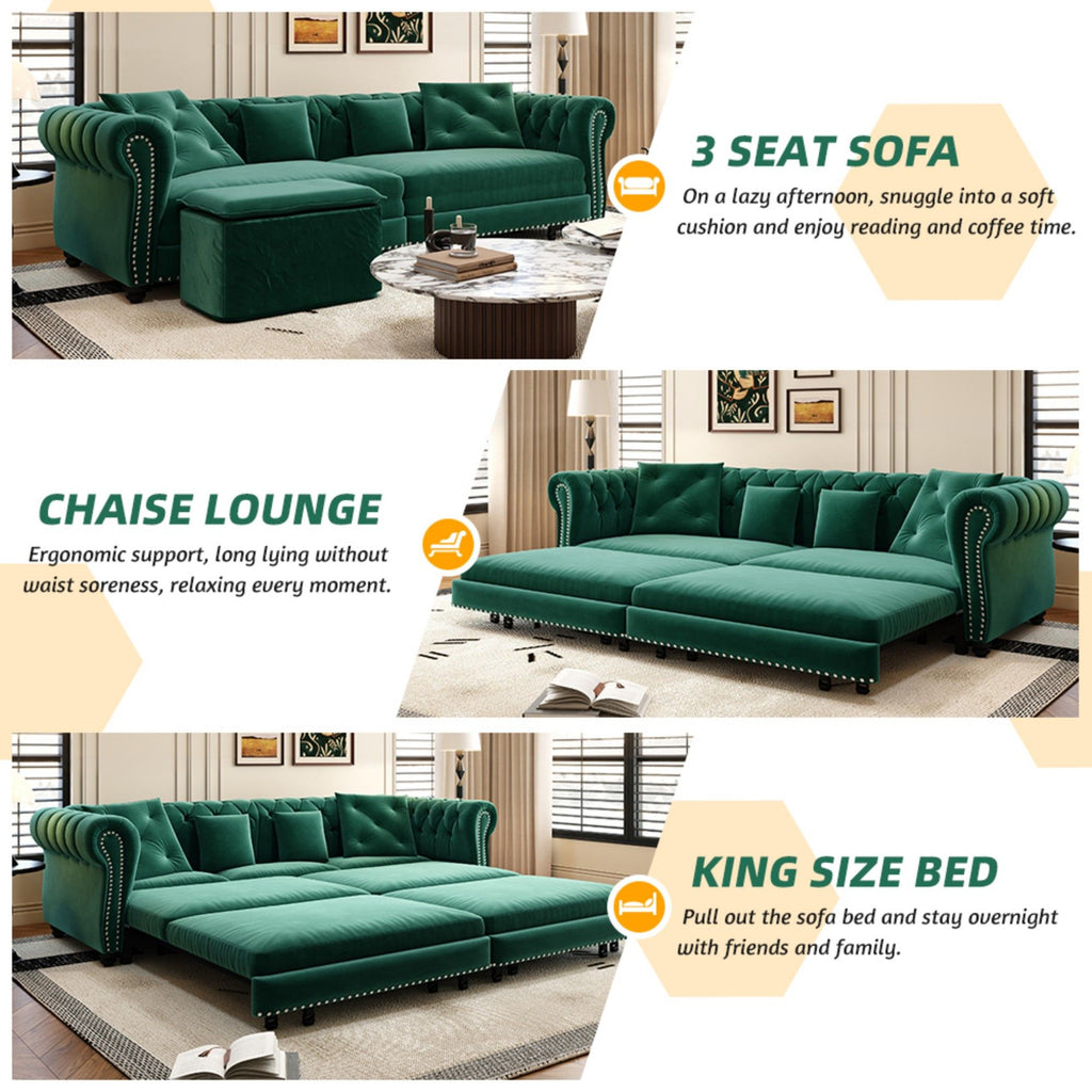 3 In 1 Pull Out Convertible Sleeper Sofa Bed, King Size, Chaise Lounge