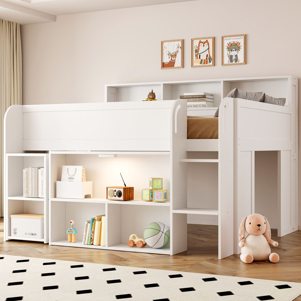Loft Bed With Built-In Desk, LED Lighting, And Multiple Storage Shelves