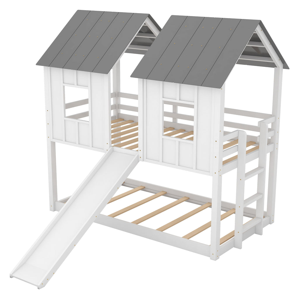 Twin Over Twin House Bunk Bed With Slide And Windows - White / Gray