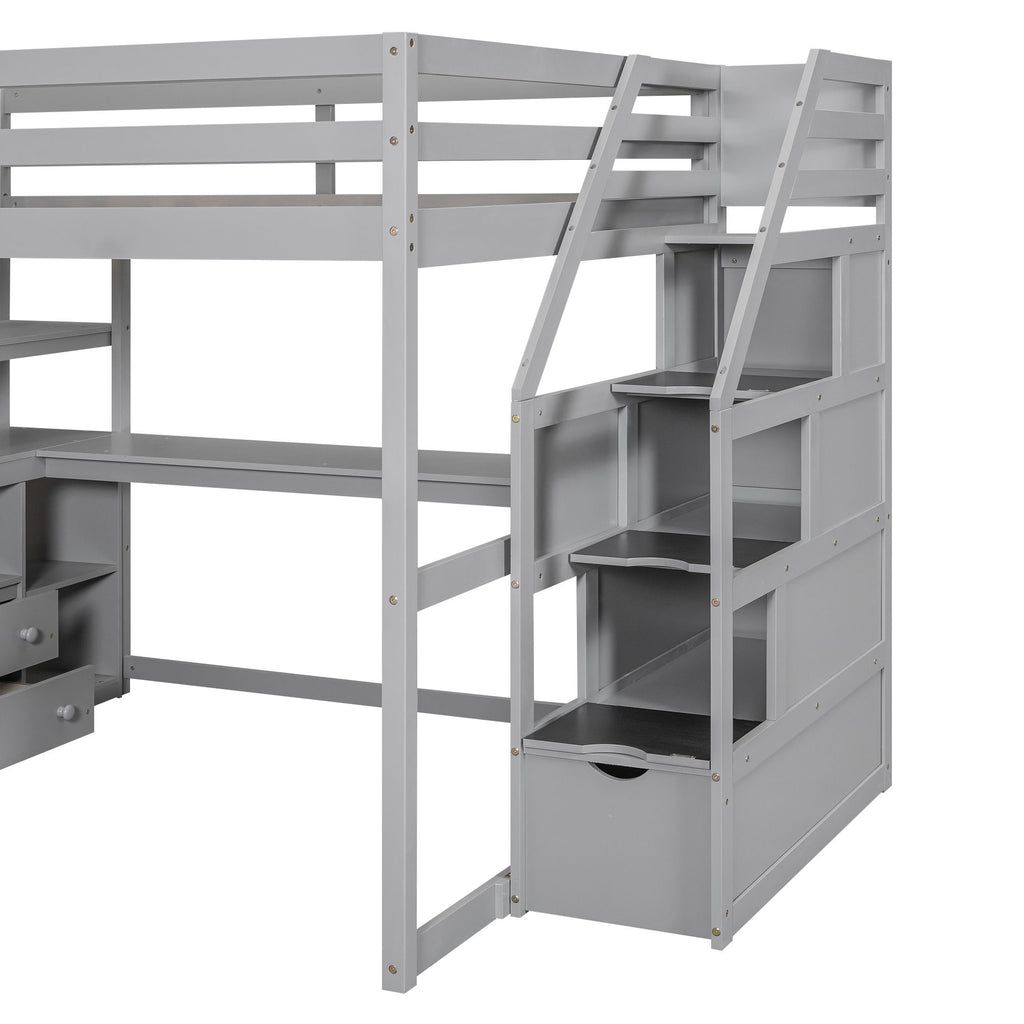 Loft Bed With Desk, Shelves, 2 Drawers, Storage Staircase