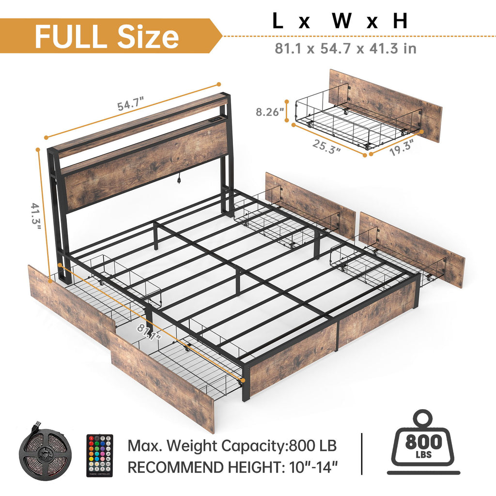 Bed Frame With Headboard, LED Lights & Charging Station