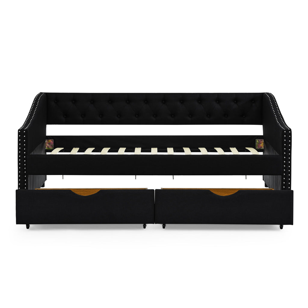Upholstered Tufted Daybed With 2 Drawers, Waved Arms