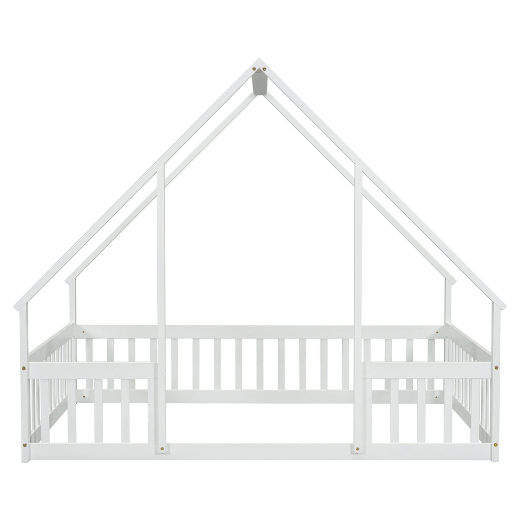 Wood House-Shaped Floor Bed With Fence, Guardrails