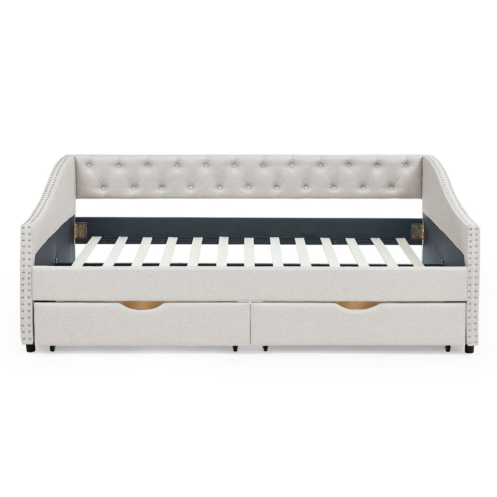 Upholstered Tufted Daybed With Drawers, Waved Arms