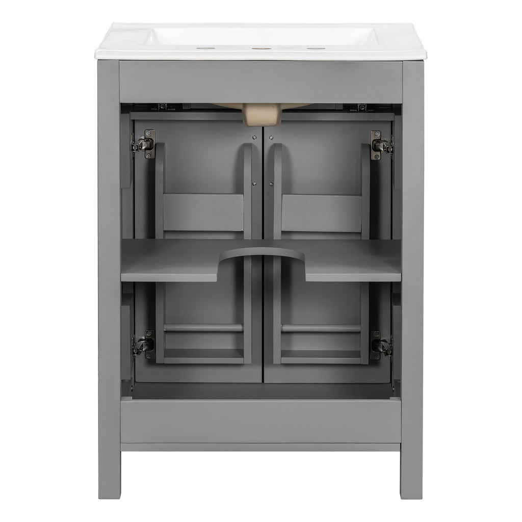 Bathroom Vanity With Ceramic Sink, Soft Close Doors, Flip Drawer, Double Layer Door Shelves