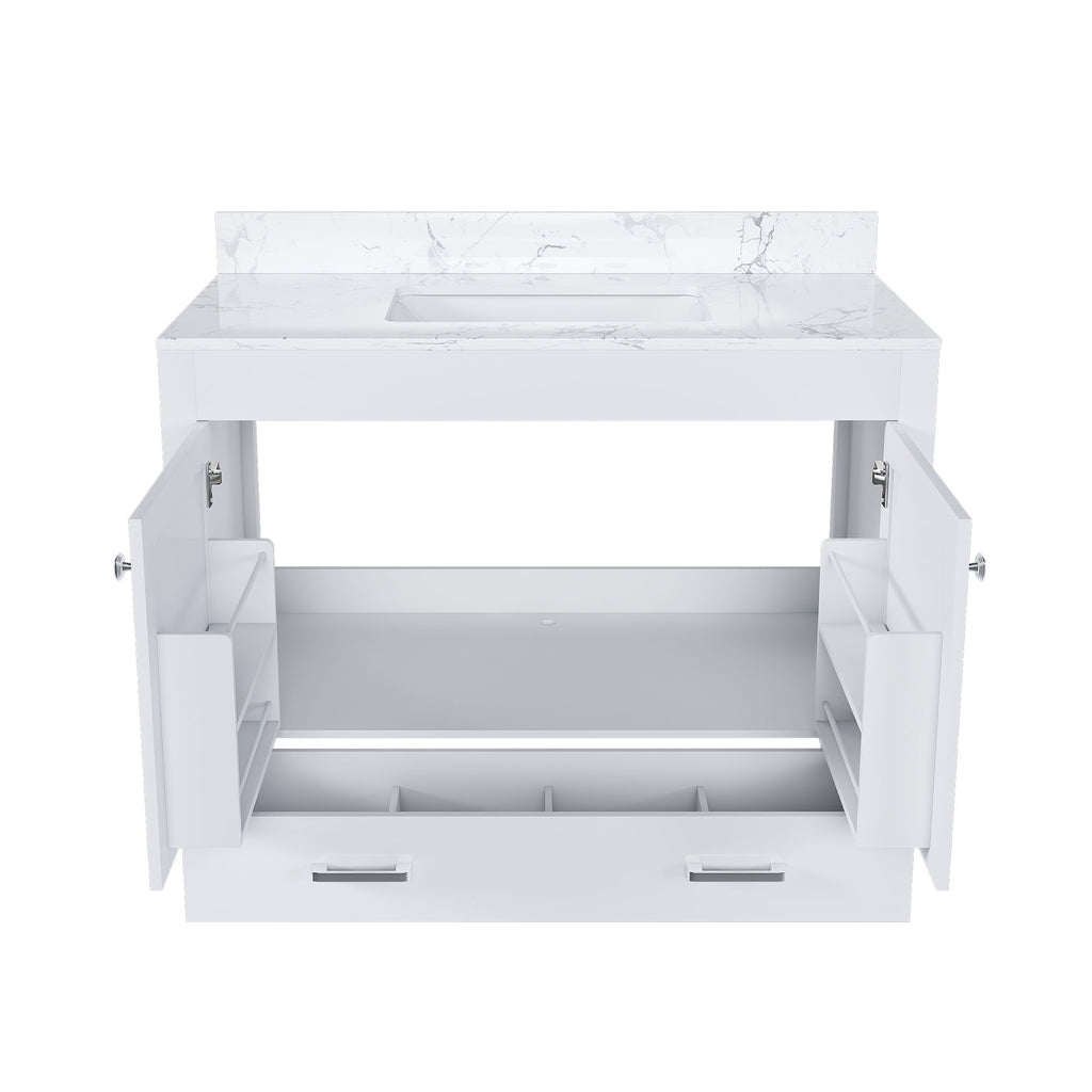 43" Bathroom Vanity With Artificial Marble Carrara Top Set, Multi Functional Bathroom Cabinet With Doors And Drawer - White