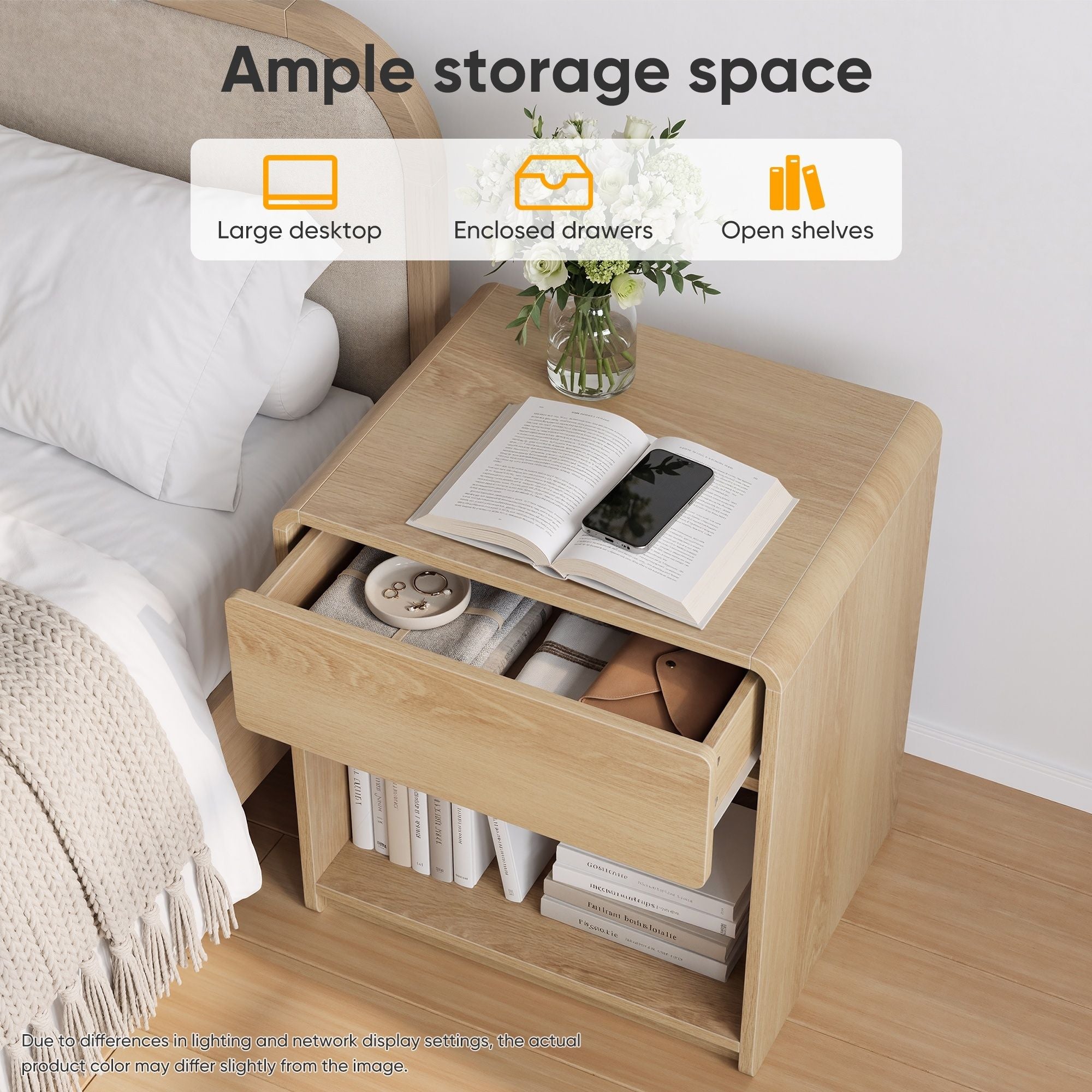 Bedside Table With Storage Drawers And Open Shelves (Set of 2) - Oak
