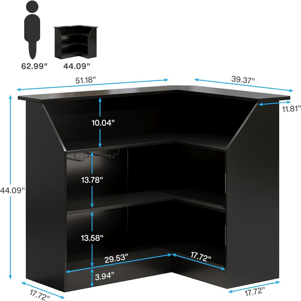 L-Shaped Home Bar Cabinet With Stemware Racks, 4 Tier Corner Unit, Liquor Wine Bar Table & Reception Desk For Home Pub - Black