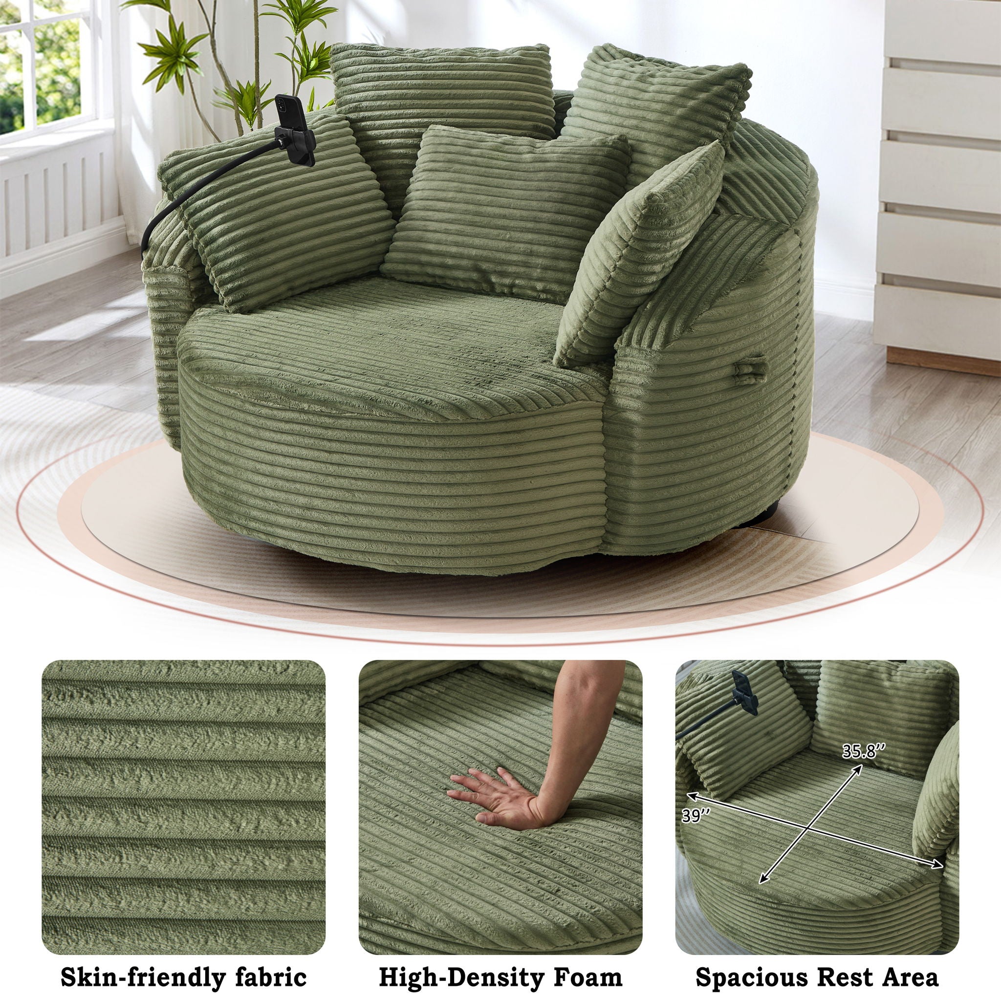 Swivel Accent Barrel Chair With Adjustable Phone Holder, 5 Pillows For Living Room