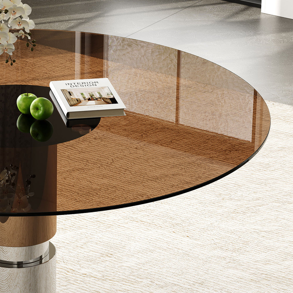 Round Dining Table With Tempered Glass Top - Brown