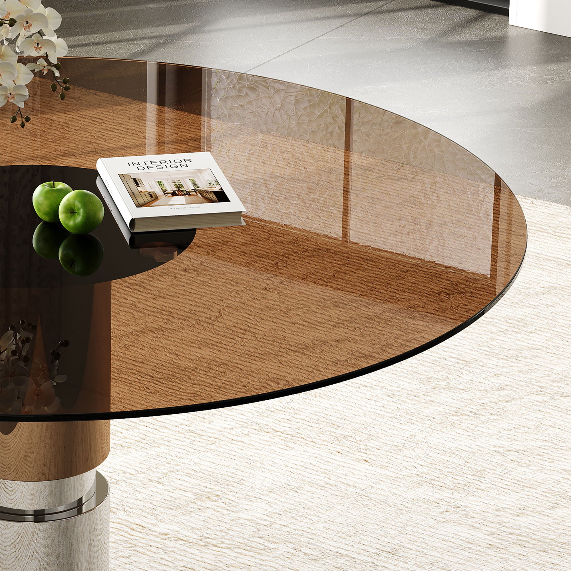 Round Dining Table With Tempered Glass Top - Brown