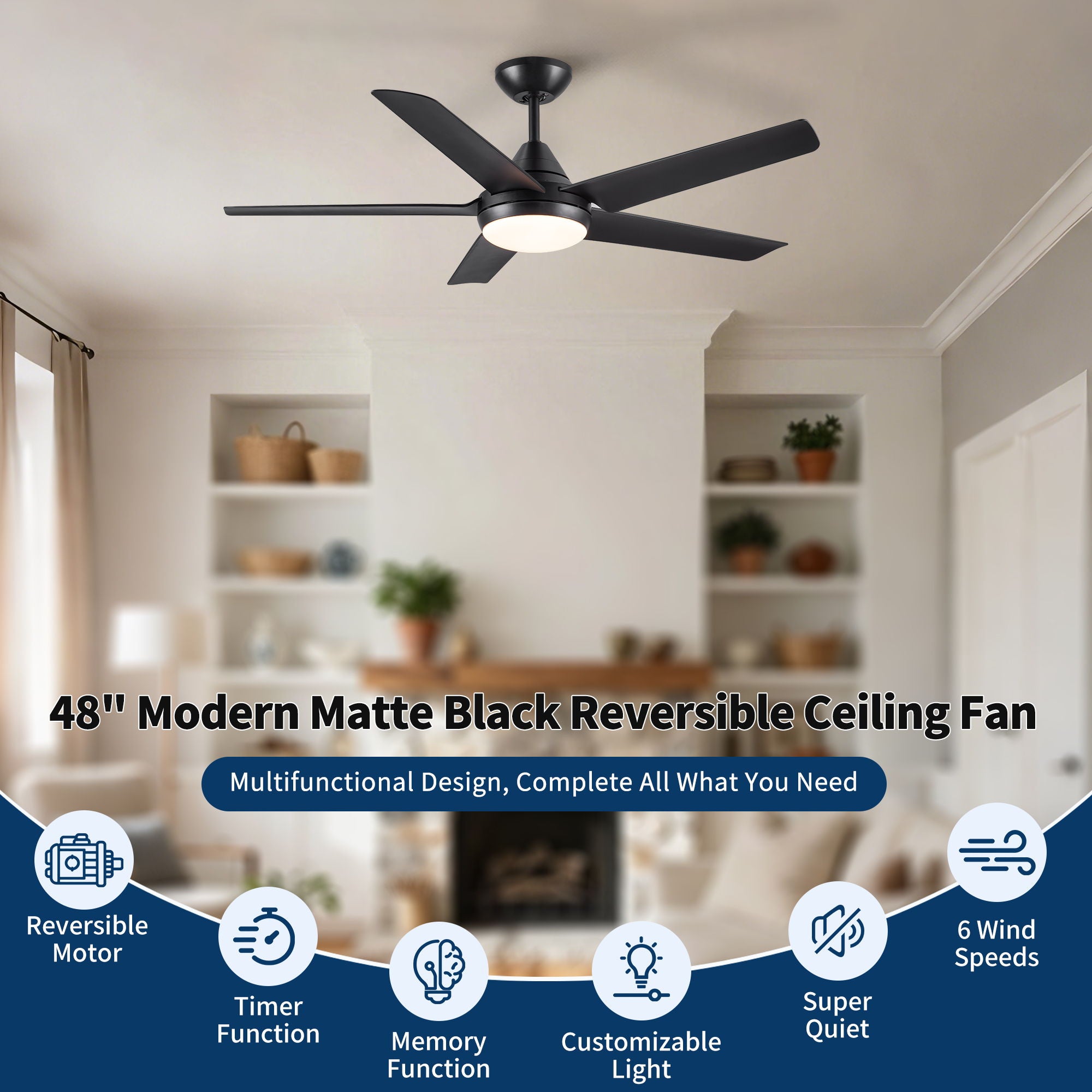 Ceiling Fan With Lights And Remote Control, Reversible DC Motor, 6 Speeds, 3 Cct Dimmable LED, Quiet Timer For Indoor - Black