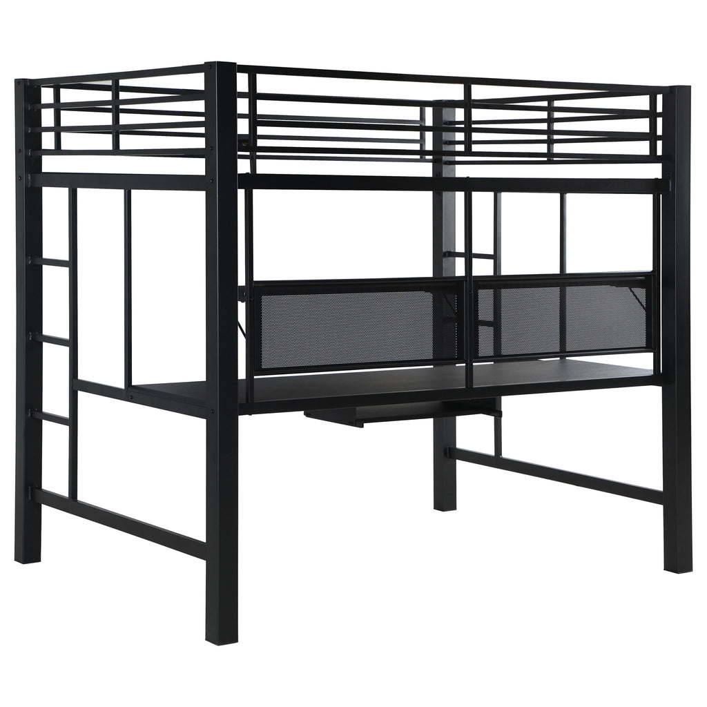 Ranier - Full Workstation Loft Bed, Full Length Desk, Safety Rails And Storage Shelves - Black